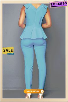 Fashion Casual Solid Split Joint V Neck Regular Jumpsuits Casual Fitted Sleeveless Pantsuit, Sleeveless Blue Sets For Workwear, Fitted Sleeveless Sets In Solid Color, Fitted Sleeveless Solid Color Sets, Fashion Casual, Casual Fashion, Split, Jumpsuit, V Neck