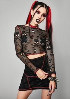 Widow Bite Me Embroidered Mock Neck Long Sleeve - Black | Dolls Kill Grunge Crew Neck Party Top, Grunge Crew Neck Top For Party, Fitted Gothic Top For Halloween, Gothic Crew Neck Tops For Party, Fitted Gothic Top For Streetwear, Halloween Punk Stretch Tops, Black Emo Party Tops, Emo Long Sleeve Halloween Tops, Gothic Party Tops With Skull Print