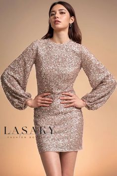 Lasaky - Sequin Mini Dress with Long Sleeves and Round Neckline Sequin Christmas Dress, Sequin Wrap Dress, Gaun Fashion, 파티 드레스, Party Dress Long Sleeve, Ranveer Singh, Holiday Party Dresses, Christmas Party Dress, Hip Dress