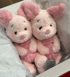 two pink stuffed animals sitting in a box