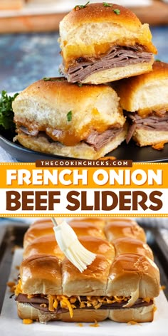 These French Onion Beef Sliders are perfect as a main meal, quick appetizer, or game day option! Enjoy the unbeatable flavor combination of shaved roast beef, caramelized onions, and smoked cheddar cheese on soft Hawaiian rolls. Perfect with some fries, onion rings, or chips! French Onion Beef, Party Sliders, Farmhouse Recipes, Sweet Dinner Rolls, Hawaiian Roll Sliders, Goblin Market, Sliders Recipes, Tailgating Ideas, Hawaiian Roll