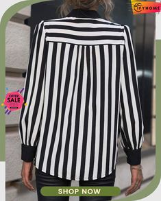 Black & White Striped Urban Shirt Trendy Black Workwear Blouse, Trendy Black Blouse For Work, Trendy Black Office Blouse, Black Office Shirt For Spring, Black Spring Office Shirt, Black Collared Top For Spring, Trendy Black Workwear Shirt, Black Button-up Tops For Spring, Chic Striped Collared Tops