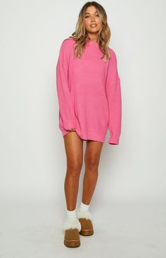 Cozy Pink Sweater Dress For Fall, Oversized Soft Knit Sweater Dress, Trendy Oversized Knit Sweater Dress, Pink Ribbed Sweater Dress For Winter, Pink Ribbed Long Sleeve Sweater Dress, Winter Pink Ribbed Sweater Dress, Casual Spring Sweater Dress With Ribbed Cuffs, Casual Sweater Dress With Ribbed Cuffs For Spring, Casual Chunky Knit Crew Neck Sweater Dress