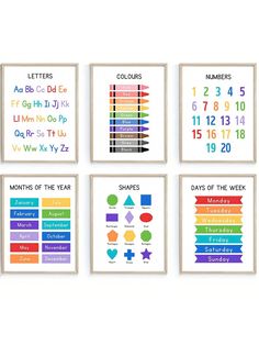 four framed posters with different numbers and shapes