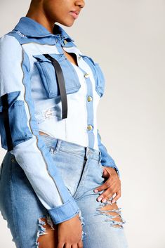 Trendy Denim Bodysuit For Spring, Trendy Spring Denim Bodysuit, Fitted Ripped Denim Jumpsuit, Fitted Ripped Medium Wash Denim Jumpsuit, Fitted Ripped Denim Jumpsuit In Medium Wash, Ripped Medium Wash Fitted Denim Jumpsuit, Fitted Denim Jumpsuit For Spring Streetwear, Fitted Denim Bodysuit In Trendy Style, Trendy Fitted Denim Bodysuit