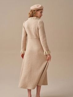 Introducing this exquisite wool dress from our 2023 AW collection, designed to captivate with its vintage charm and elegant details. Crafted from luxurious wool, this dress offers a cozy yet stylish option for chilly days. The combination of the vintage-inspired metal buttons and the whimsical ruffles will transport yo Luxury Long Sleeve Tweed Dress, Winter Feminine Dresses With Ruffles, Feminine Winter Dresses With Ruffles, Feminine Ruffled Winter Dresses, Winter Long Sleeve Tweed Dress With Buttons, Winter Formal Dresses With Buttons, Winter Midi-length Tweed Dress, Winter Midi Length Tweed Dress, Elegant Tweed Midi Dress