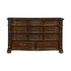 a large wooden dresser with many drawers and pulls on the bottom drawer, in dark brown wood