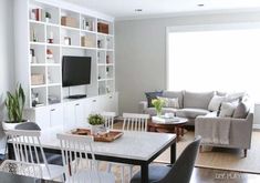 a living room filled with furniture and a flat screen tv mounted on a wall next to a window