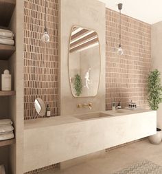 a bathroom with a sink, mirror and shelves