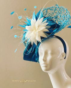 Elegant Turquoise Fascinator For Races, Chic Blue Fascinator For Races, Elegant Turquoise Fascinator For Royal Ascot, Elegant Turquoise Fascinator For Kentucky Derby, Chic Blue Fascinator For Kentucky Derby, Turquoise Headpieces For Kentucky Derby, Turquoise Headpiece For Kentucky Derby Races, Blue Sinamay Fascinator For Kentucky Derby, Elegant Turquoise Hat For Races