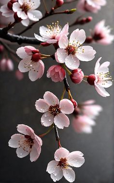 some pink flowers on a tree branch with water droplets hanging from it's petals