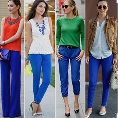 Blue Capris Outfit Work, Bright Blue Dress Pants Outfit, What To Wear With Royal Blue Pants, Bright Blue Trousers Outfit, Bright Blue Pants Outfit, Summer Blue Ankle-length Dress Pants, Blue Trouser Outfit Women