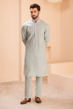 Pista green linen kurta with zari and metal work embroidery. Paired with a matching plain aligadhi. - Aza Fashions Pista Green, Metal Work, Aza Fashion, Metal Working, Types Of Sleeves, For Men, Embroidery, Fashion Design, Green