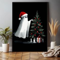 a painting of a ghost next to a christmas tree