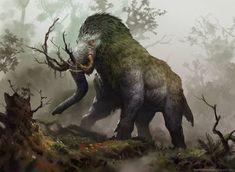 an artist's rendering of a giant animal in the woods with its mouth open