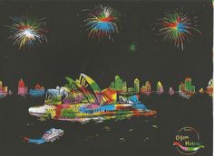 the sydney opera house is lit up with fireworks in the sky over the city skyline