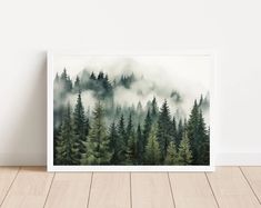 a forest scene with pine trees and fog in the sky, framed on a white wall