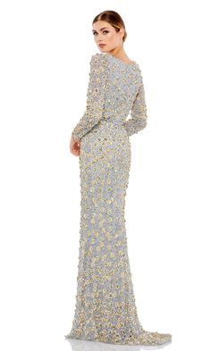 Long platinum and gold beaded formal dress by Mac Duggal with long sleeves Designer Formal Dresses, Beaded Formal Dress, Embellished Belt, Long Formal Dress, Prom Girl, Mac Duggal, Designer Gowns, Gold Dress, Sleeve Detail