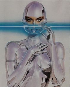 a futuristic woman holding her hands to her face