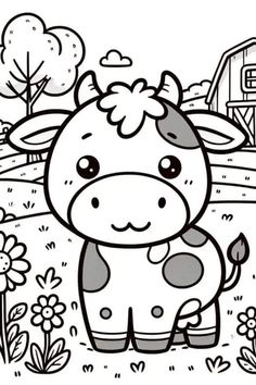 a cartoon cow standing in the middle of a field with flowers on it's side