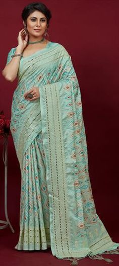 Blue color Saree in Silk cotton fabric with Embroidered, Printed, Resham, Thread work Blue Cotton Embroidered Saree, Blue Embroidered Cotton Saree, Blue Cotton Embroidered Fabric For Festivals, Blue Cotton Traditional Wear With Motifs, Festive Blue Embroidered Cotton Fabric, Blue Cotton Dupatta With Cutdana, Green Cotton Saree With Chikankari Embroidery, Light Blue Cotton Traditional Wear For Festivals, Green Embroidered Cotton Saree Fabric