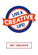 the logo for creative arts and crafts, with an orange ribbon around it that says live a creative life get creative