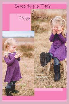 Sweetie Pie Tunic & Dress Pattern (12mths-12yrs). Perfect as a dress for the fall and spring, or as a tunic for the more chilly weather. The pattern is specially created to give that fun and young look to your princess. You will love creating it and she will love wearing it! #SewModernKids #SewingForGirls #DressSewingPattern #GirlsDressSewingPattern Girls Long Sleeve Dress Pattern, Toddler Knit Dress, Simple Tunic Dress, Long Sleeve Dress Pattern, Baby Clothes Patterns Sewing, Girls Long Sleeve Dresses