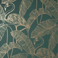 an image of a wallpaper with flamingos and leaves in gold on teal