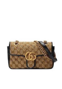 Crafted from beige the original GG canvas and trimmed with black leather, this small-scale Gucci accessory is just the thing for keeping all of your essentials close by. Featuring a chain and leather shoulder strap, a front flap closure, a clasp fastening, shiny gold-tone hardware, an internal slip pocket, black leather trims, the original GG canvas, and Double G logo. Depth: 6cmHandle: 30cmHeight: 13cmStrap: 55cmWidth: 22cm Gucci Brown Flap Bag, Designer Gucci Flap Bag, Gucci Leather Flap Bag, Gucci Luxury Flap Bag, Gucci Flap Travel Bag, Gucci Flap Bag For Everyday Use, Gucci Everyday Flap Bag, Gucci Flap Bag For Travel, Classic Gucci Flap Bag