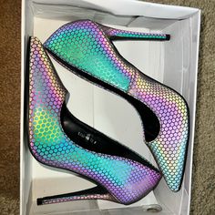 Brand New Reflective Heels , Glow So Beautiful Trendy Purple Heels For Party, Iridescent High Heel Party Heels, Multicolor Pointed Toe Heels For Night Out, Trendy Purple Heels For Night Out, Iridescent Pointed Toe Heels For Party, Neon High Heels For Party, Metallic High Heels, So Beautiful, Blue Purple