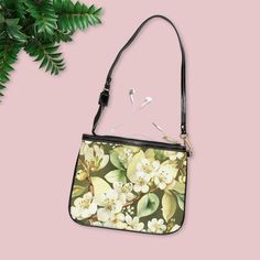 Watercolor Pear Blossoms in Spring - Compact Shoulder Bag 10" × 8" Black Spring Everyday Baguette Bag With Detachable Strap, Spring Baguette Bag With Detachable Strap For Daily Use, Spring Crossbody Shoulder Bag With Adjustable Strap, Spring Bucket Shoulder Bag With Zipper Closure, Spring Shoulder Bag With Removable Pouch, Spring Shoulder Bag With Zipper, Spring Shoulder Bag With Zipper Closure, Spring Shoulder Bag With Detachable Pouch, Spring Bucket Shoulder Bag With Removable Pouch