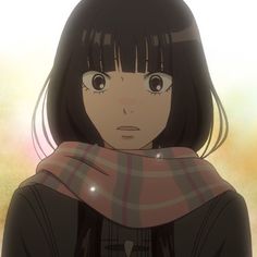 an anime character with long black hair wearing a plaid scarf and looking at the camera