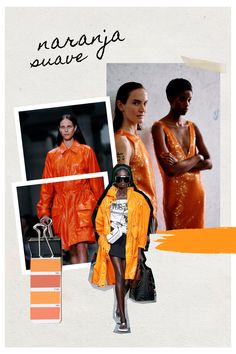 a collage of photos with models in orange outfits