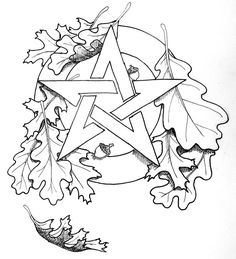 a pen and ink drawing of an inverted star surrounded by oak leaves on a white background