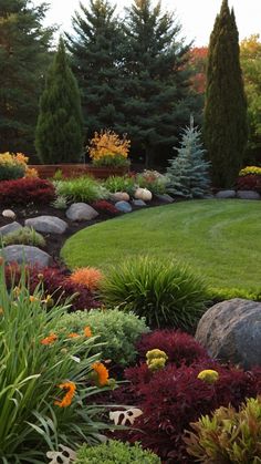 a garden filled with lots of different types of flowers and plants on top of green grass