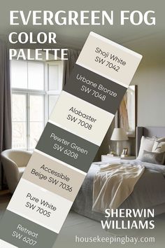 the bedroom is painted in shades of gray, white and brown with neutrals to match