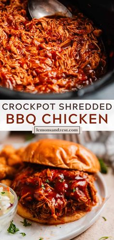 crockpot shredded bbq chicken on a white plate