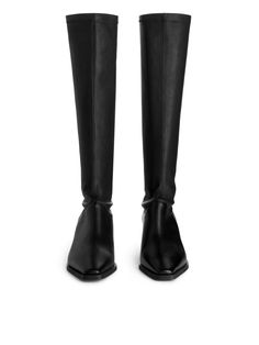 Leather Socks Boots, Black Flat Leather Boots Knee High, Modern Black Leather Knee-high Boots, Sleek Black Knee-high Boots With Pointed Toe, Black Leather Knee-high Boots With Snip Toe, Black Leather Snip Toe Knee-high Boots, Stretch Leather Boots, Leather Sock Boots, High Knees