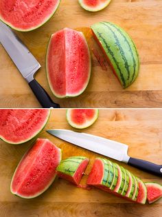 two pictures of watermelon slices and a knife on a cutting board