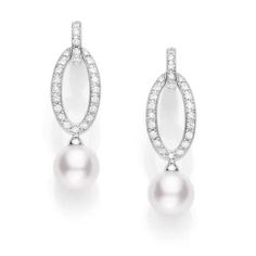 Elegant and graceful, these beautiful 7.5mm Akoya Pearl drop earrings feature 18ct White Gold detail, and 0.33cttw of diamonds, adding style and sophistication to your jewelry collection.A1+ graded Pearls. MEA10167ADXW Mikimoto Earrings, Mikimoto Jewelry, White Diamond Jewelry, Dyt Type 4, South Sea Pearls Earrings, Yellow Gold Diamond Earrings, Halo Diamond Earrings, Large Stud Earrings, White Gold Diamond Earrings