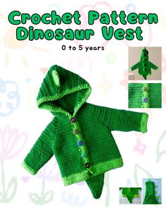 the crochet pattern for a baby's dinosaur vest is shown in green