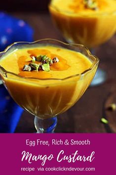 an egg free, rich and smooth mango custard is garnished with chopped nuts