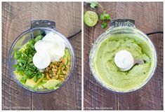 two pictures side by side of a food processor with avocado and nuts