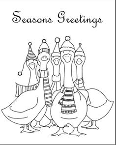 the seasons greetings card features three ducks and two turkeys wearing hats, scarfs and scarves