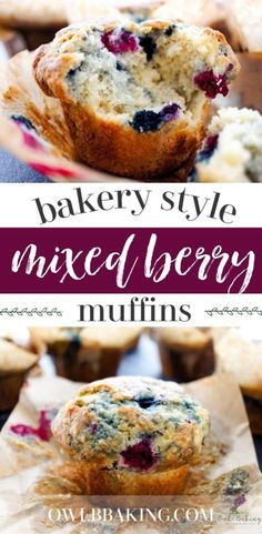 blueberry muffins are stacked on top of each other with the words, bakery style mixed berry muffins