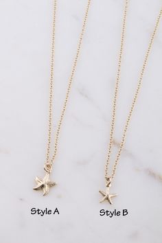 "Tiny Starfish Charm Necklace NECKLACE DESCRIPTION: - Tiny starfish charm - Style A: 12.5mm x 9mm, available in gold filled only, charm is hollow on back - Style B: teeny tiny charm, 9mm x 8mm, available in gold filled and sterling silver, charm is hollow on back - High quality dainty gold filled and sterling silver cable chain and components from USA - Handmade and packaged beautifully for you! - - - - - - - - - - - - - - - - - - - - - - - LENGTHS: - The necklace in the photo is 18 inches - Ple Ocean-inspired Star Charm Jewelry, Star-shaped Charm Necklace With Lobster Clasp As Gift, Dainty Star-shaped Necklace With Starfish Charm, Gift Star-shaped Charm Necklace With Lobster Clasp, Starfish Charm Necklace Perfect For Gifts, Starfish Charm Necklaces For Gifts, Starfish Charm Necklaces As Gift, Starfish Charm Necklace As Gift, Dainty Starfish Necklace For Gift