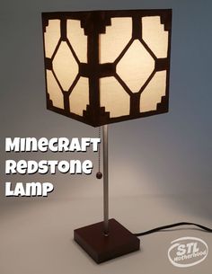 a lamp that is sitting on top of a wooden stand with the words minecraft redstone lamp below it