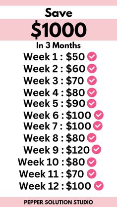 a pink and white poster with the words save $ 1, 000 in 3 months