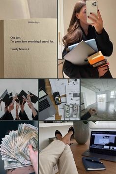 a collage of photos with people holding books and laptops