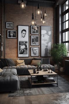 a living room filled with furniture and pictures hanging on the wall above it's windows